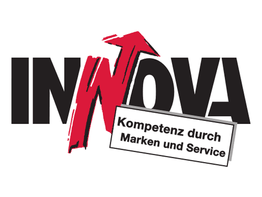Logo mit Schriftzug "INNOVA", rotem Pfeil, und Text "Kompetenz durch Marken und Service".
