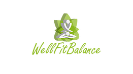 Logo mit grünen Blättern und Figuren, Text "WellFitBalance".