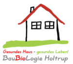Zeichnung eines Hauses mit rotem Dach. Text: "Gesundes Haus - gesundes Leben! BauBioLogie Holtrup".