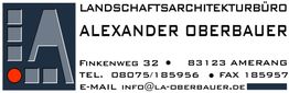 Grafik mit Logo und Kontaktdaten von Landschaftsarchitekturbüro Alexander Oberbauer in Amerang.