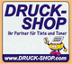 "Druck-Shop-Logo mit Slogan „Ihr Partner für Tinte und Toner“ und einer lächelnden Comic-Figur."