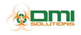 Logo for "DMI Solutions" with a biohazard-recycle symbol in green and orange.