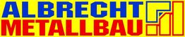 "Logo von Albrecht Metallbau in blauer und roter Schrift auf gelbem Hintergrund."