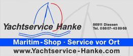 Logo von Yachtservice Hanke, maritimer Shop und Service, mit Kontaktinformationen und Webadresse.
