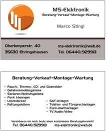 Visitenkarte von MS-Elektronik mit Kontaktinfos und Leistungen wie Rauchmelder und SAT-Anlagen.