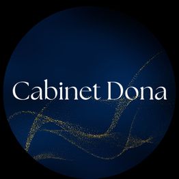 Texte "Cabinet Dona" sur fond bleu nuit avec motifs dorés abstraits.