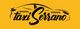 Logo negro de "Taxi Serrano" con un coche estilizado sobre fondo amarillo.