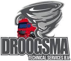 Rood vrachtwagen met tornado en tekst "Droogsma Technical Services B.V." in grijze letters.