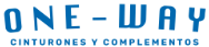 Texto azul: "ONE-WAY CINTURONES Y COMPLEMENTOS" en fuente amplia y delgada.