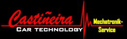 Textlogo: „Castiñeira Car Technology“ in Rot, „Mechatronik-Service“ in Gelb, auf schwarzem Hintergrund.