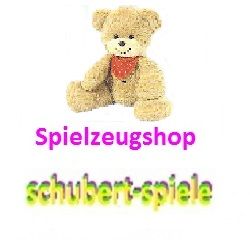 Ein Teddybär mit rotem Halstuch. Text: "Spielzeugshop schubert-spiele".