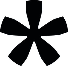 Schwarze, stilisierte Blume mit fünf symmetrischen Blütenblättern auf weißem Hintergrund.
