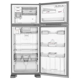 Geladeira de porta dupla aberta, prateleiras vazias e gavetas transparentes.