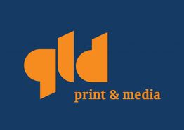 Logo van gld print & media, in oranje op een donkerblauwe achtergrond.