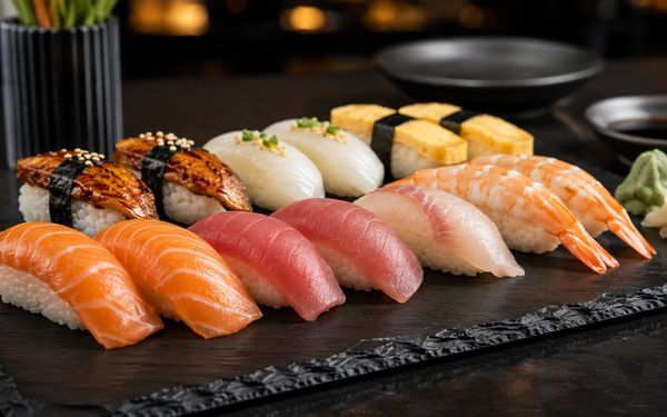 Verschiedene Arten Nigiri auf einer Schieferplatte serviert.