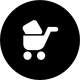 Kinderwagen-Symbol auf schwarzem Hintergrund in einem Kreis dargestellt.