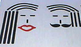 Zwei stilisierte Gesichter: links mit Lippen, rechts mit Schnurrbart, aus schwarzen Linien geformt.