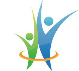 Zwei stilisierte Figuren in Grün und Blau mit orangenem Ring, die jubeln oder tanzen.