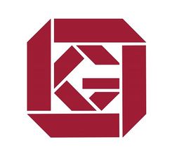 Logotipo rojo con formas geométricas en octágono sobre fondo blanco.