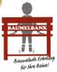 Ein Cartoon-Mensch sitzt auf einer Bank mit Text "BAUMELBANK" und "Baumelnde Erholung für Ihre Beine!"