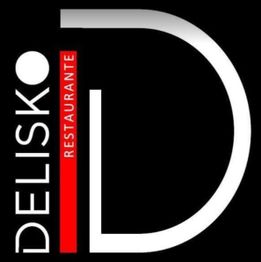 Logo de Restaurante Delisko con letras blancas y un fondo negro.