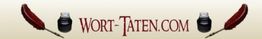 Text "WORT-TATEN.COM" zwischen zwei Federn und Tintenfässern auf beigem Hintergrund.