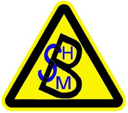 Gelbes Dreiecksschild mit schwarzen Buchstaben SB und blauem H und M in der Mitte.