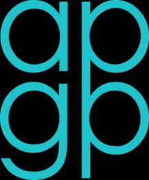Lettres turquoise "apgp" en style moderne sur fond noir.
