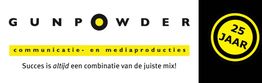 Logo van Gunpowder met tekst over communicatie en media, en cirkel "25 jaar".