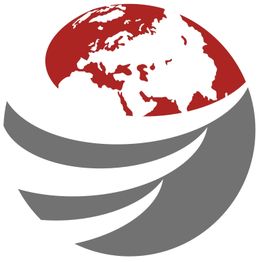 Grafik von halb rotem Globus oben und grauen Halbkreisen unten.