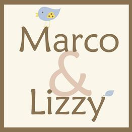 "Marco & Lizzy" text with a small bird and leaf design.