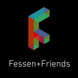 Buntes geometrisches "F" auf schwarzem Hintergrund mit Text "Fessen+Friends" darunter.