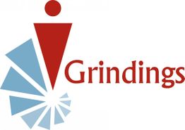 Logo mit rotem Ausrufezeichen und stilisiertem blauen Zahnrad daneben das Wort "Grindings".