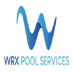 Logo of WRX Pool Services with a blue wave design above the text.