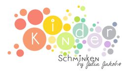 Bunter Schriftzug "Kinder Schminken by Julia Jakobs" mit bunten Kreisen im Hintergrund.