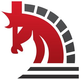 Roter stilisierter Pferdekopf mit grauen Bögen und Streifen, erinnert an ein Schach-Springer.