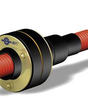 Rotes und schwarzes mechanisches Bauteil mit Schraubgewinde und gelber Verbindungsplatte.