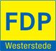 Logo der FDP Westerstede in Blau auf gelbem Hintergrund.