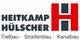 Logo von Heitkamp Hüscher mit rotem "H", Text: Tiefbau, Straßenbau, Kanalbau.