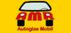 Gelbes Logo mit rotem "AMR" und Text "Autoglas Mobil", zeigt eine Auto-Windschutzscheibe.