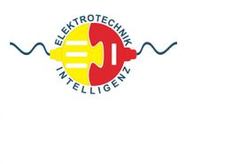 Logo mit Stecker und Steckdose, Text: "Elektrotechnik Intelligenz", blaues Kabel symbolisch.