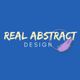 "Real Abstract Design" text on blue background with a purple brushstroke accent.