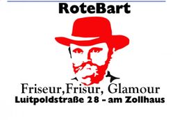 Rot-bärtiger Mann mit Hut, Text: "RoteBart, Friseur, Frisur, Glamour, Luitpoldstraße 28 - am Zollhaus".