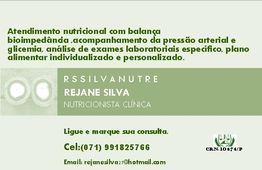 Cartão de visita de nutricionista falando de serviços e com contatos para marcação de consultas.