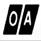 Abstract "OA" text on tilted black rectangles, one letter per rectangle.