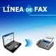 Laptop y fax conectados con flecha, texto: "Línea de Fax". Fondo azul degradado.