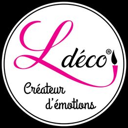 Logo circulaire, texte "L déco, Créateur d'émotions" en rose et noir. Fond blanc.