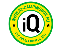 Rundes Logo mit "www.iq-campingbox.eu" und "Die intelligente Art" um das große "iQ" in der Mitte.
