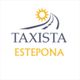 Logotipo de "Taxista Estepona" con un sol y una carretera curva.