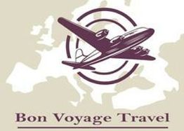 Avión sobre mapa de Europa con el texto "Bon Voyage Travel" debajo.